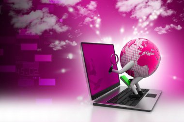 Dijital illüstrasyon, dünya üstünde laptop arıyorum