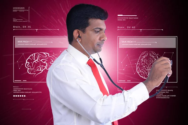 Ilustración digital del joven médico pensando en el cerebro — Foto de Stock