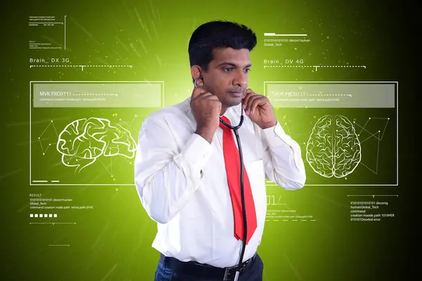 Digital illustration of  young doctor thinking about brain — Stock Photo, Image