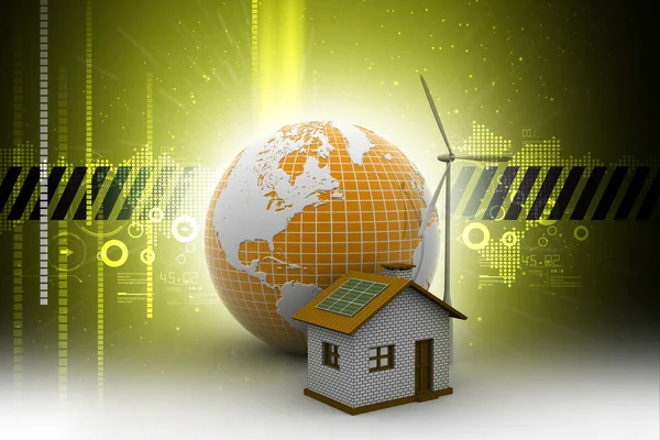 Wind mill and power house with globe io color back ground — Stock Photo, Image