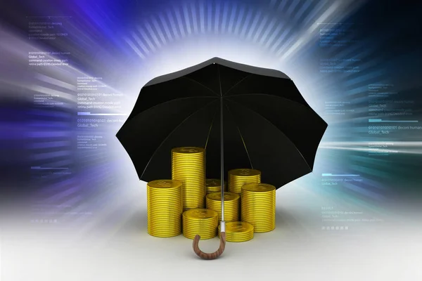 3D obrázek zlaté mince s deštníkem v barvu pozadí — Stock fotografie