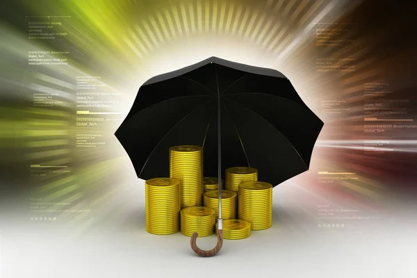 3D-Abbildung der Goldmünze mit Regenschirm im farbigen Hintergrund — Stockfoto
