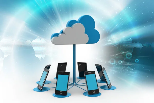 Illustrazione 3d della rete di smartphone con cloud computing — Foto Stock