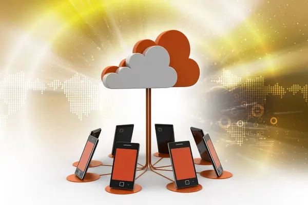 Ilustração 3d da rede de telefones inteligentes com computação em nuvem — Fotografia de Stock
