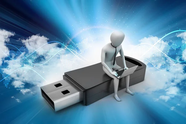 3D illustratie van mens en laptop zitting usb — Stockfoto