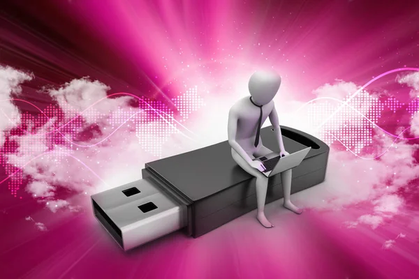 3d illustration of  man and laptop sitting usb — Stock Photo, Image