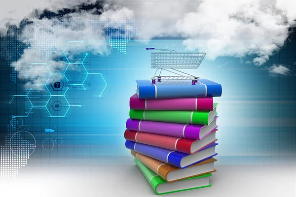 Books and trolley in color background — Stock Photo, Image