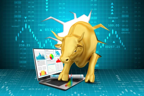 Stijgende gouden business stier met laptop — Stockfoto