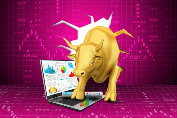 Rising golden business bull with laptop