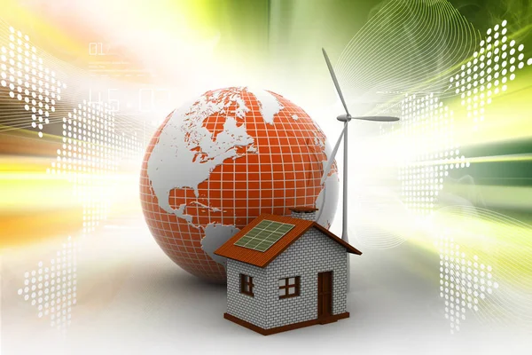 Wind mill and power house with globe color back ground — Stock Photo, Image