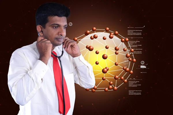 Digital illustration of young doctor with molecules — Stock Photo, Image