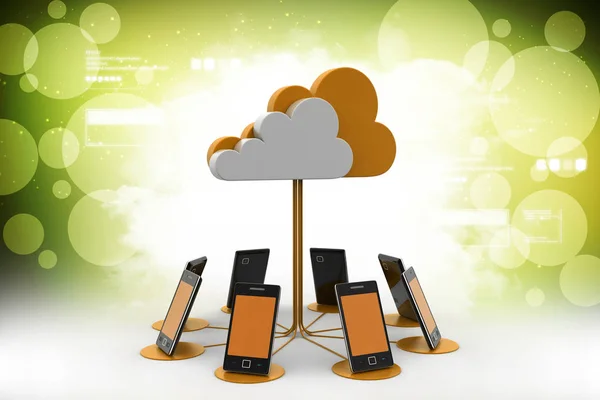 Ilustración 3d de la red de teléfonos inteligentes con computación en nube — Foto de Stock