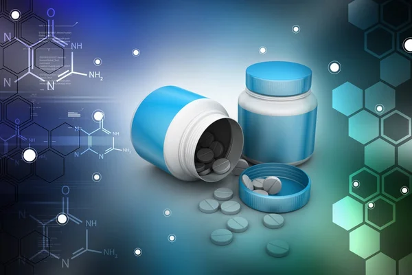 3d illustration of Medicine and bottle in color back ground — Stock Photo, Image