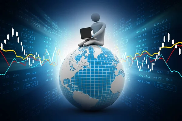 3d illustration of man sitting on globe with the Laptop. On Top of the World. — Stock Photo, Image