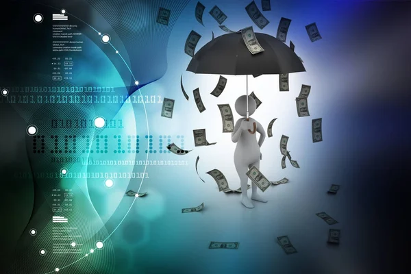 3D иллюстрация человека и зонтик под денежным дождем — стоковое фото