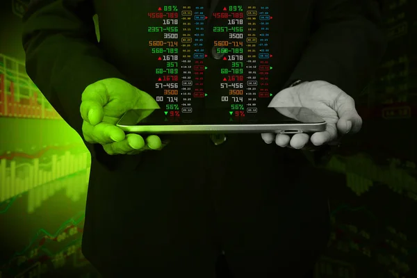 digital illustration of Business man calculating the digital tablet