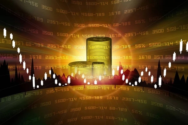 Arany érmék és pénzügyi árfolyamdiagram digitális illusztrációja — Stock Fotó