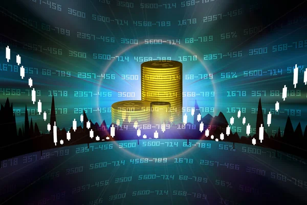 Ilustración digital de monedas de oro con gráfico de existencias financieras — Foto de Stock