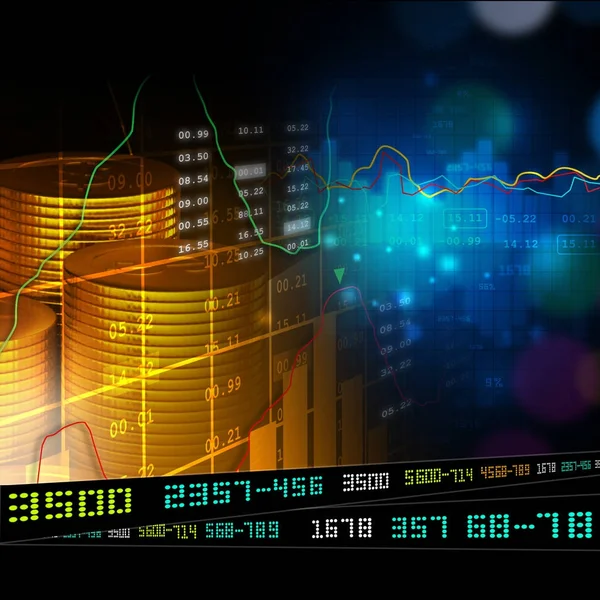 Ψηφιακή απεικόνιση του χρυσά νομίσματα με οικονομική γράφημα μετοχών — Φωτογραφία Αρχείου