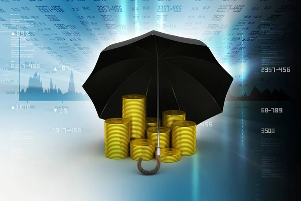 3D obrázek zlata mince pod deštníkem — Stock fotografie