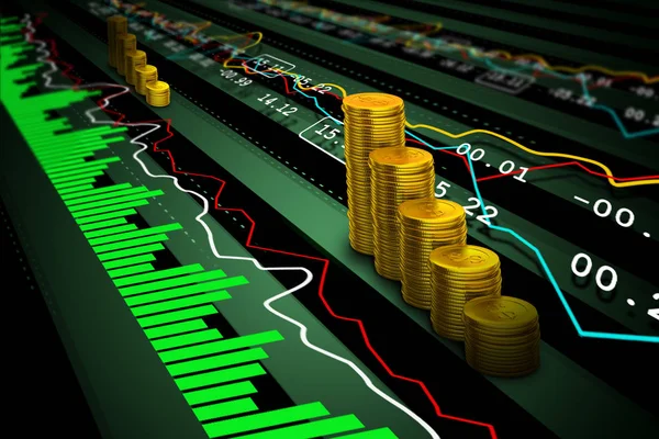 Ilustración digital de monedas de oro con datos del mercado de valores financieros — Foto de Stock