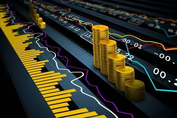 Ilustración digital de monedas de oro con datos del mercado de valores financieros — Foto de Stock