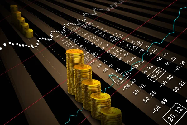 3d ilustración de monedas de oro con datos del mercado de valores financieros — Foto de Stock