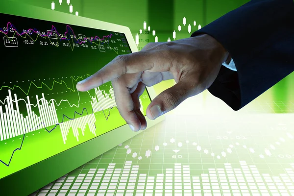 Cyfrowy ilustracja człowieka biznesu, dotykając wykresu giełdowego — Zdjęcie stockowe