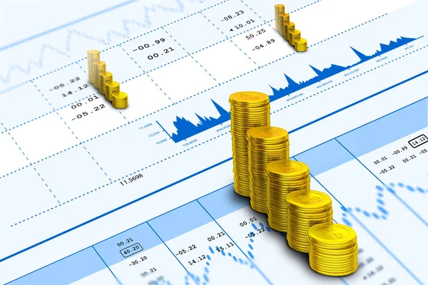 3D απεικόνιση της χρηματιστηριακής αγοράς γράφημα ανάλυσης με χρυσά νομίσματα — Φωτογραφία Αρχείου