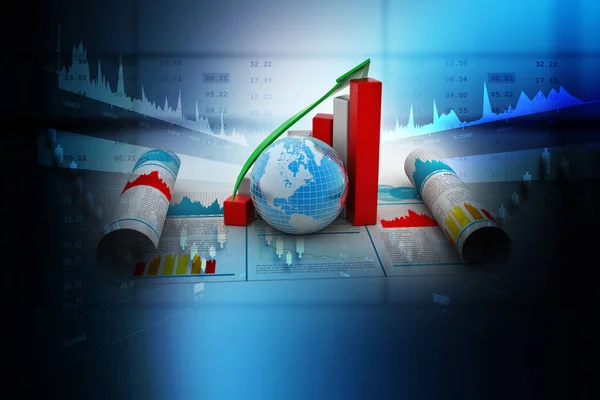 3D-Darstellung von Wirtschaftswachstumsdiagramm und Globus — Stockfoto