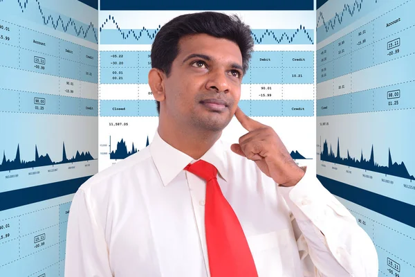 Digital illustration of Man thinking  in stock market analysis — Stock Photo, Image