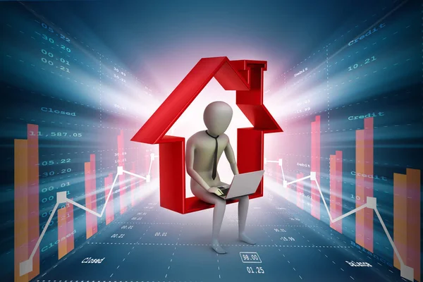 Illustrazione 3d di uomo d'affari seduto sul simbolo di casa durante l'utilizzo del computer portatile — Foto Stock