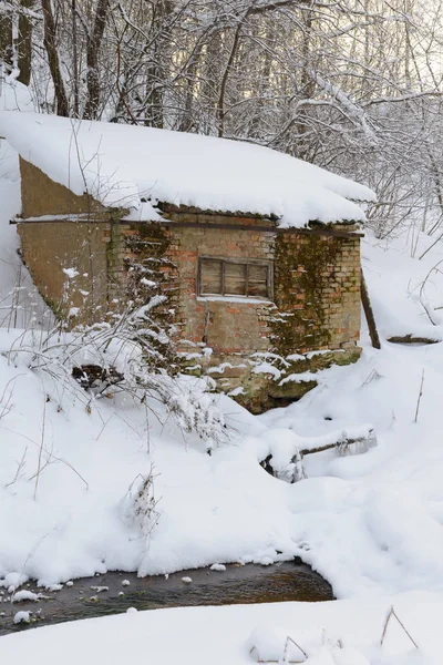 在冬天被白雪覆盖的森林里摇摇欲坠的小屋 — 图库照片