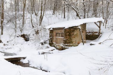 Kabin karla kaplı bir kış ormandaki harabeye