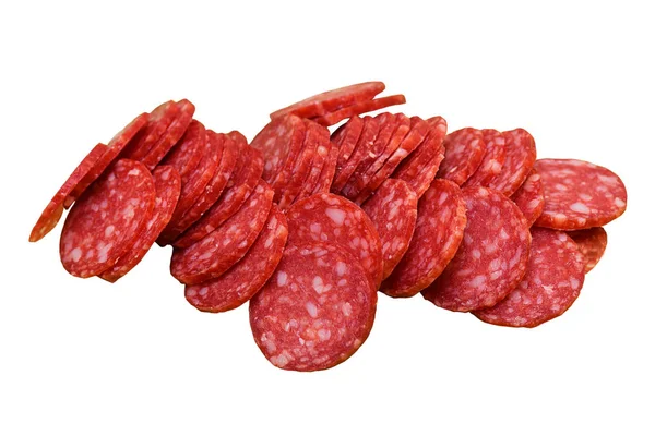 Pieces of smoked sausage on a white background — Stock Photo, Image