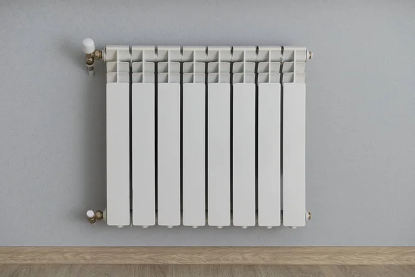 White radiator on the wall with wallpaper gray-blue — Stock Photo, Image