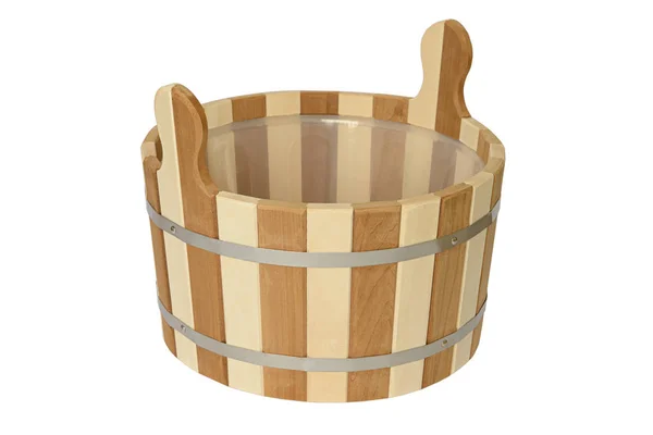 Wooden bucket for a bath with wooden handles on a white backgrou — Stock Photo, Image