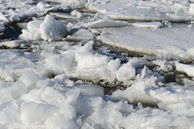 Photo of an ice drift on a river with cracked ice