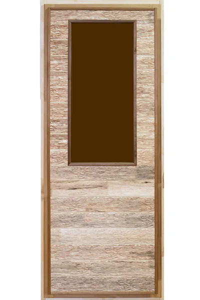 Porta de madeira com vidro feito de tábuas sobre um fundo branco — Fotografia de Stock