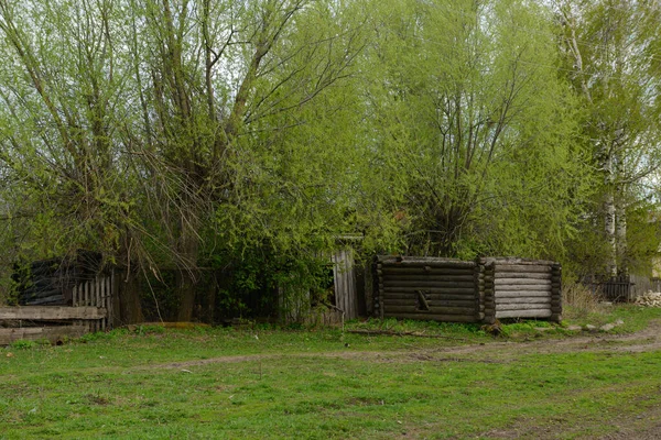 Groene Dorpsstraat Met Oude Houten Gebouwen Een Houten Huis — Stockfoto