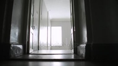 ProRes. Belgeler ile mavi elbiseli genç kız merdivenlerden iner