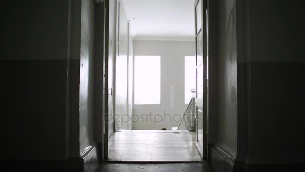 Prores. Young girl in blue dress with documents climbs the stairs — Stock Video