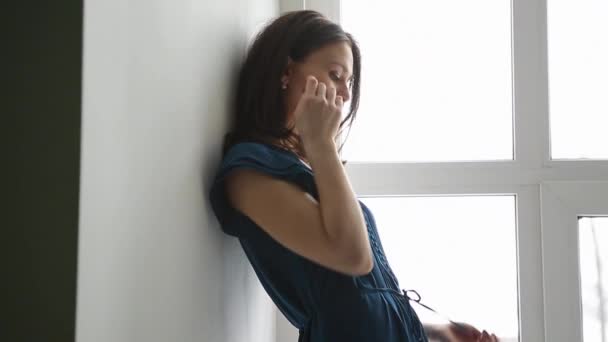 Prores. Menina jovem em vestido azul posando na janela — Vídeo de Stock