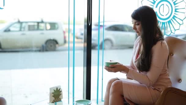 Summer Young Girl Drinking Coffee Cafe — Stock Video