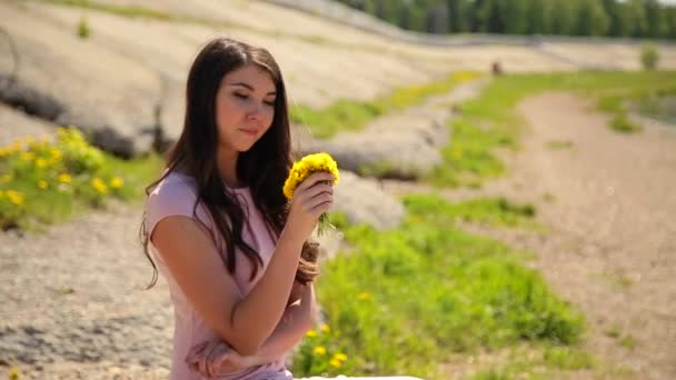 Sommaren Romantisk Flicka Rosa Klänning Älvstranden Beundra Vilda Blommor Maskrosor — Stockvideo