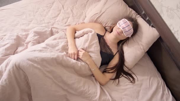 Playful Young Brunette Long Hair Light Dark Nightdress Headband Sleep — Stock Video