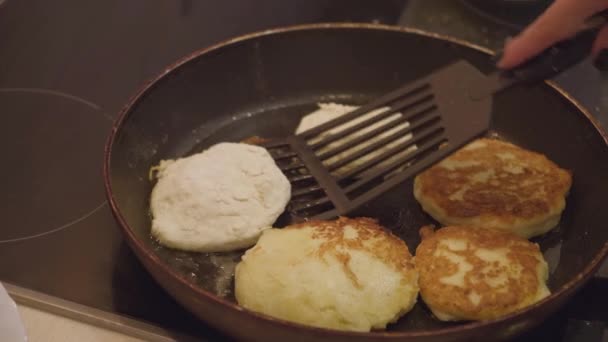 Close Hands Girl Blue Clothes Bakes Healthy Breakfast Cottage Cheese — Stock Video