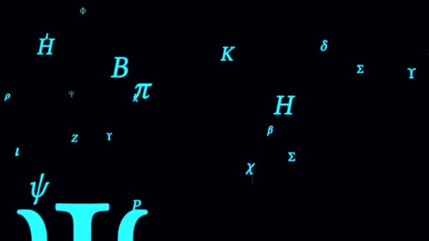 Символы букв греческого алфавита, летающие на фотоаппарате в космосе - 4K бесшовная петля движения фоновая анимация — стоковое видео