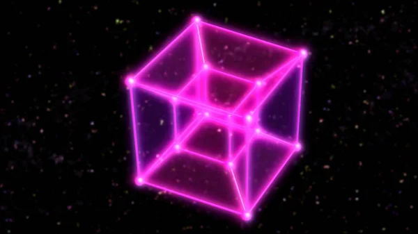 4-dimensionaler Hyperwürfel tesseract rotiert im Weltraum und in Sternen - abstrakte Hintergrundtextur — Stockfoto