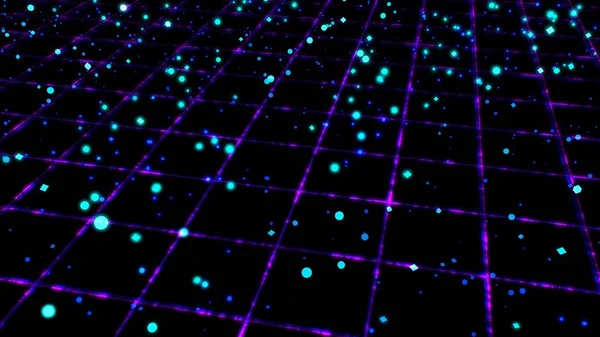 Ondes de particules à écoulement dynamique au-dessus de la grille néon rétro brillante des années 80 - Texture de fond abstraite — Photo